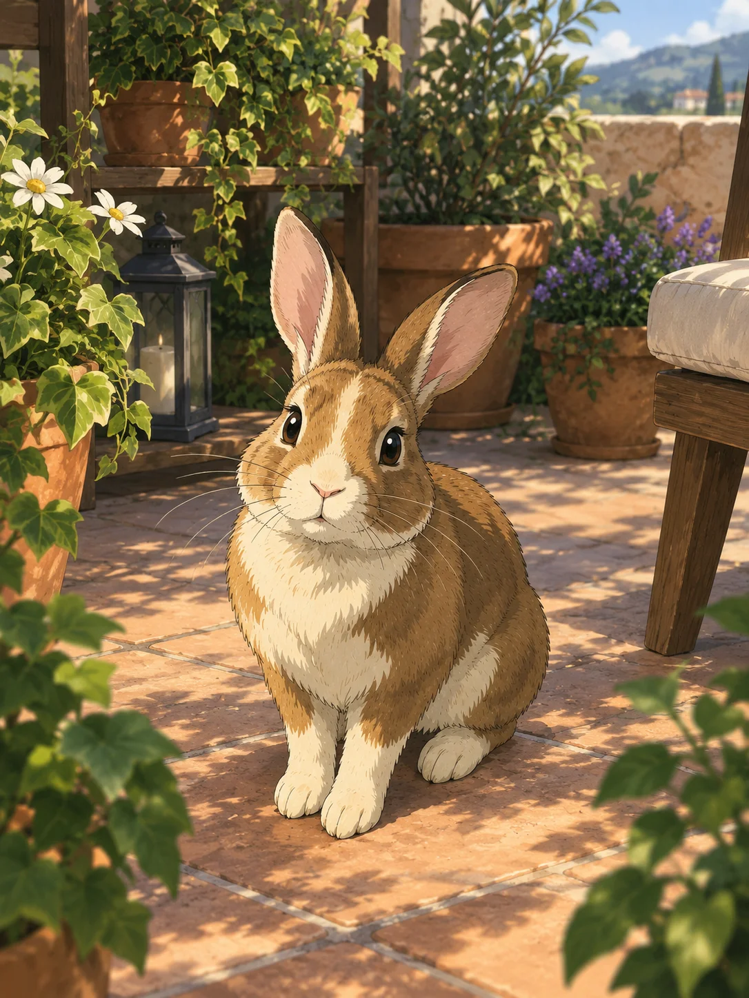 Conejo en una terraza soleada