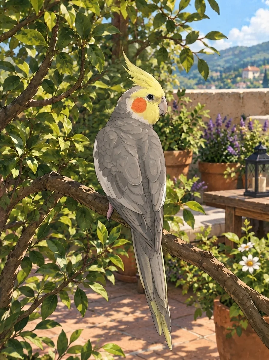 Ninfa gris posada en una rama
