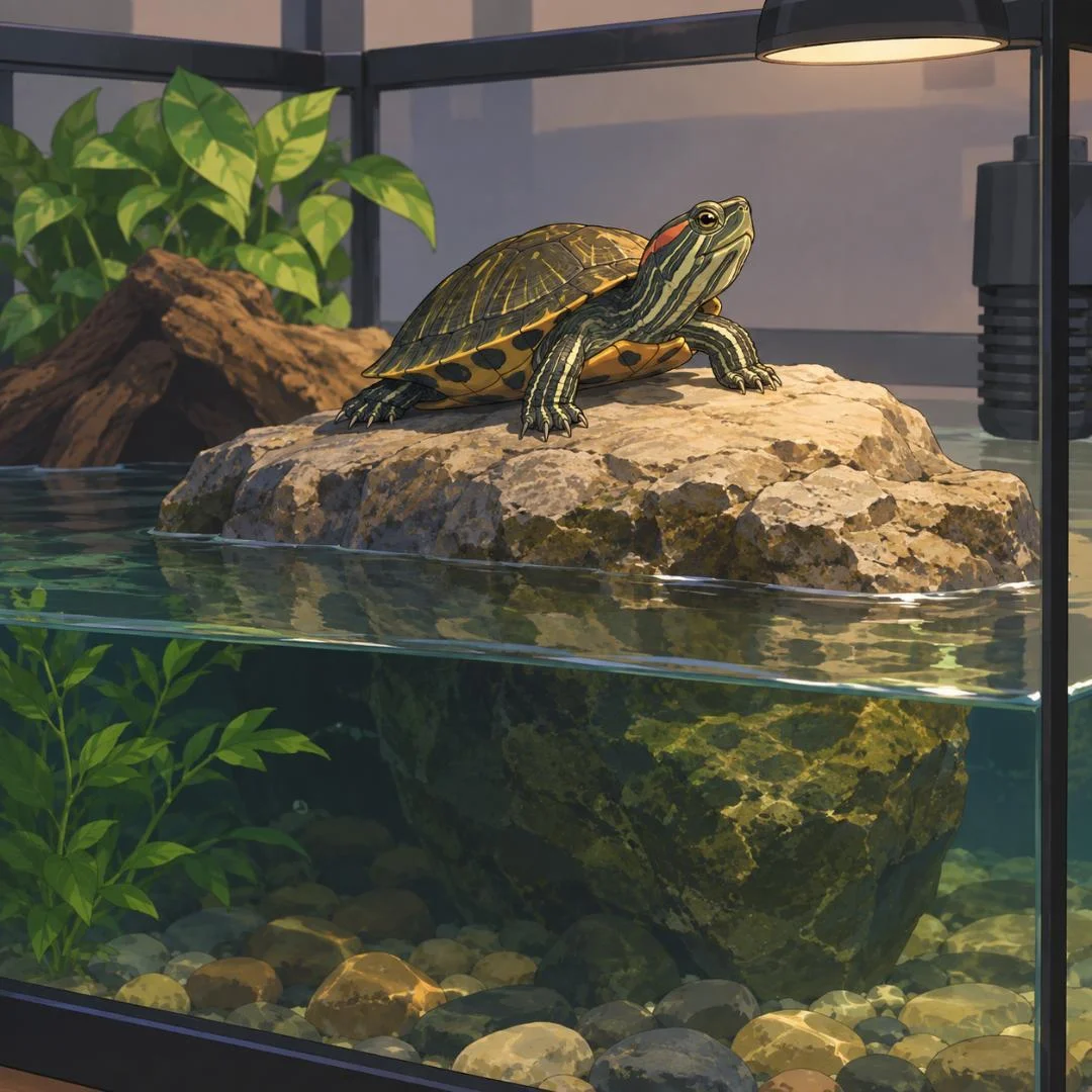 Tortuga de agua sobre una roca en su acuaterrario